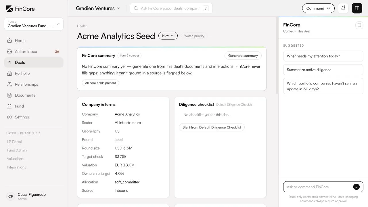 FinCore deal detail for Acme Analytics Seed: sector AI Infrastructure, geography US, round size USD 5.5M, target check $375k, valuation EUR 18.0M, ownership target 4.0%, source inbound, and an empty diligence checklist not yet started.