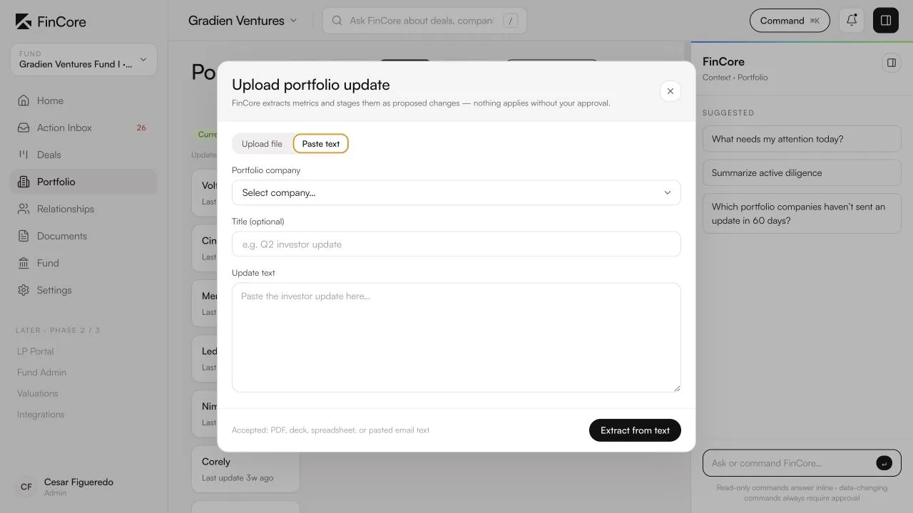 FinCore Upload portfolio update dialog: paste an investor update by file or text, select the portfolio company, and extract metrics as proposed changes that require approval before they apply.